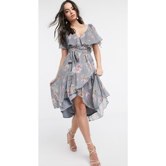 ASOS Design Grey Floral Split Sleeve Cape Back MIDI Dress w/Tie Shoulder New 6 - Picture 1 of 4